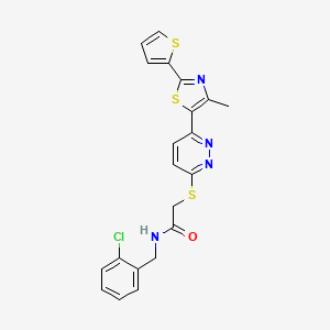 molecular formula C21H17ClN4OS3 B2968021 N-(2-chlorobenzyl)-2-((6-(4-methyl-2-(thiophen-2-yl)thiazol-5-yl)pyridazin-3-yl)thio)acetamide CAS No. 1005296-84-3