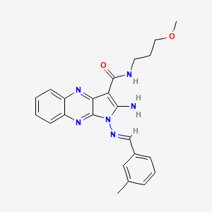 molecular formula C23H24N6O2 B2968078 (E)-2-amino-N-(3-methoxypropyl)-1-((3-methylbenzylidene)amino)-1H-pyrrolo[2,3-b]quinoxaline-3-carboxamide CAS No. 836624-84-1