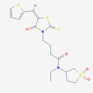 molecular formula C18H22N2O4S4 B2968264 (E)-N-(1,1-dioxidotetrahydrothiophen-3-yl)-N-ethyl-4-(4-oxo-5-(thiophen-2-ylmethylene)-2-thioxothiazolidin-3-yl)butanamide CAS No. 900134-47-6
