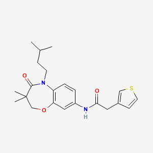 molecular formula C22H28N2O3S B2968283 N-(5-isopentyl-3,3-dimethyl-4-oxo-2,3,4,5-tetrahydrobenzo[b][1,4]oxazepin-8-yl)-2-(thiophen-3-yl)acetamide CAS No. 1448123-23-6