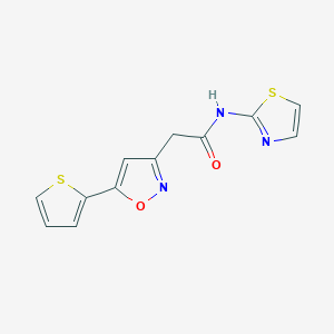 molecular formula C12H9N3O2S2 B2968493 N-(thiazol-2-yl)-2-(5-(thiophen-2-yl)isoxazol-3-yl)acetamide CAS No. 946228-23-5