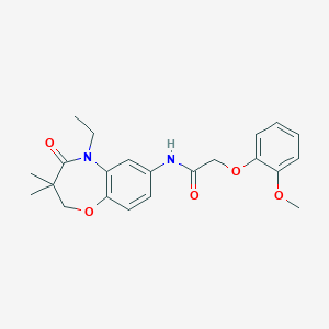 molecular formula C22H26N2O5 B2968592 N-(5-ethyl-3,3-dimethyl-4-oxo-2,3,4,5-tetrahydro-1,5-benzoxazepin-7-yl)-2-(2-methoxyphenoxy)acetamide CAS No. 921863-31-2