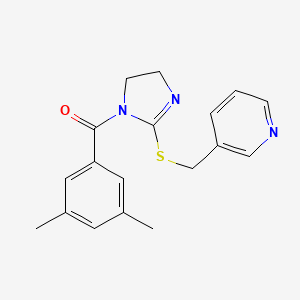 molecular formula C18H19N3OS B2968640 (3,5-dimethylphenyl)(2-((pyridin-3-ylmethyl)thio)-4,5-dihydro-1H-imidazol-1-yl)methanone CAS No. 851807-37-9