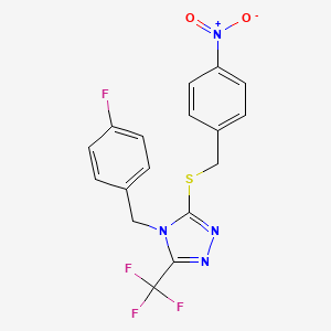 molecular formula C17H12F4N4O2S B2968672 4-(4-fluorobenzyl)-3-[(4-nitrobenzyl)sulfanyl]-5-(trifluoromethyl)-4H-1,2,4-triazole CAS No. 294853-30-8