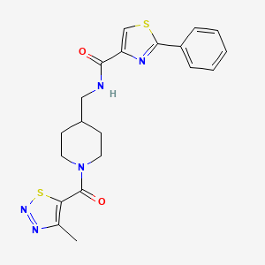molecular formula C20H21N5O2S2 B2968801 N-((1-(4-methyl-1,2,3-thiadiazole-5-carbonyl)piperidin-4-yl)methyl)-2-phenylthiazole-4-carboxamide CAS No. 1797791-00-4