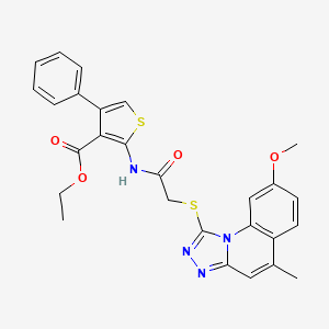 molecular formula C27H24N4O4S2 B2968913 Ethyl 2-(2-((8-methoxy-5-methyl-[1,2,4]triazolo[4,3-a]quinolin-1-yl)thio)acetamido)-4-phenylthiophene-3-carboxylate CAS No. 670268-13-0