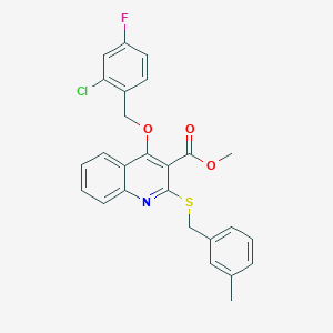 molecular formula C26H21ClFNO3S B2968957 methyl 4-[(2-chloro-4-fluorophenyl)methoxy]-2-{[(3-methylphenyl)methyl]sulfanyl}quinoline-3-carboxylate CAS No. 932352-19-7