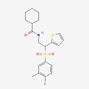molecular formula C20H24FNO3S2 B2968973 N-[2-(4-fluoro-3-methylbenzenesulfonyl)-2-(thiophen-2-yl)ethyl]cyclohexanecarboxamide CAS No. 946298-20-0
