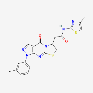 molecular formula C20H18N6O2S2 B2968988 N-(4-methyl-1,3-thiazol-2-yl)-2-[6-(3-methylphenyl)-2-oxo-10-thia-1,5,6,8-tetraazatricyclo[7.3.0.0^{3,7}]dodeca-3(7),4,8-trien-12-yl]acetamide CAS No. 952883-37-3