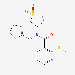 molecular formula C16H18N2O3S3 B2968990 N-(1,1-Dioxothiolan-3-yl)-2-methylsulfanyl-N-(thiophen-2-ylmethyl)pyridine-3-carboxamide CAS No. 1090758-57-8