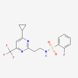 molecular formula C16H15F4N3O2S B2969018 N-(2-(4-cyclopropyl-6-(trifluoromethyl)pyrimidin-2-yl)ethyl)-2-fluorobenzenesulfonamide CAS No. 1396863-69-6