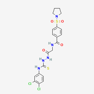 molecular formula C20H21Cl2N5O4S2 B2969203 N-{[(3,4-dichlorophenyl)carbamothioyl]amino}-2-{[4-(pyrrolidine-1-sulfonyl)phenyl]formamido}acetamide CAS No. 392247-35-7