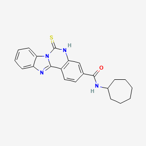 molecular formula C22H22N4OS B2969269 N-cycloheptyl-9-sulfanylidene-8,10,17-triazatetracyclo[8.7.0.0^{2,7}.0^{11,16}]heptadeca-1(17),2,4,6,11(16),12,14-heptaene-5-carboxamide CAS No. 443348-29-6
