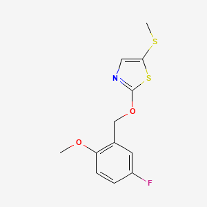 molecular formula C12H12FNO2S2 B2969420 2-[(5-Fluoro-2-methoxyphenyl)methoxy]-5-methylsulfanyl-1,3-thiazole CAS No. 1800013-92-6