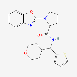 molecular formula C22H25N3O3S B2969645 1-(1,3-benzoxazol-2-yl)-N-[(oxan-4-yl)(thiophen-2-yl)methyl]pyrrolidine-2-carboxamide CAS No. 2307998-89-4