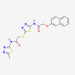 molecular formula C19H16N6O3S3 B2970095 N-(5-methyl-1,3,4-thiadiazol-2-yl)-2-((5-(2-(naphthalen-2-yloxy)acetamido)-1,3,4-thiadiazol-2-yl)thio)acetamide CAS No. 477215-15-9