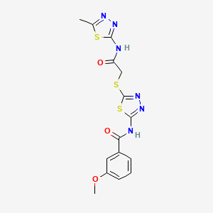 molecular formula C15H14N6O3S3 B2970111 3-methoxy-N-[5-[2-[(5-methyl-1,3,4-thiadiazol-2-yl)amino]-2-oxoethyl]sulfanyl-1,3,4-thiadiazol-2-yl]benzamide CAS No. 392319-17-4