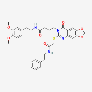 molecular formula C33H36N4O7S B2970290 N-[2-(3,4-dimethoxyphenyl)ethyl]-4-[8-oxo-6-({[(2-phenylethyl)carbamoyl]methyl}sulfanyl)-2H,7H,8H-[1,3]dioxolo[4,5-g]quinazolin-7-yl]butanamide CAS No. 688060-66-4