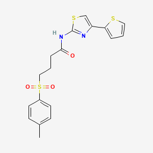 molecular formula C18H18N2O3S3 B2970346 N-(4-(thiophen-2-yl)thiazol-2-yl)-4-tosylbutanamide CAS No. 941878-42-8