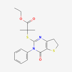 molecular formula C18H20N2O3S2 B2970361 Ethyl 2-methyl-2-((4-oxo-3-phenyl-3,4,6,7-tetrahydrothieno[3,2-d]pyrimidin-2-yl)thio)propanoate CAS No. 686771-00-6
