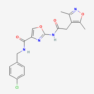 molecular formula C18H17ClN4O4 B2970396 N-(4-chlorobenzyl)-2-(2-(3,5-dimethylisoxazol-4-yl)acetamido)oxazole-4-carboxamide CAS No. 1797578-62-1