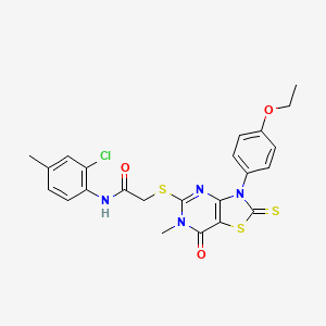 molecular formula C23H21ClN4O3S3 B2970602 N-(2-chloro-4-methylphenyl)-2-{[3-(4-ethoxyphenyl)-6-methyl-7-oxo-2-sulfanylidene-2H,3H,6H,7H-[1,3]thiazolo[4,5-d]pyrimidin-5-yl]sulfanyl}acetamide CAS No. 1112419-11-0