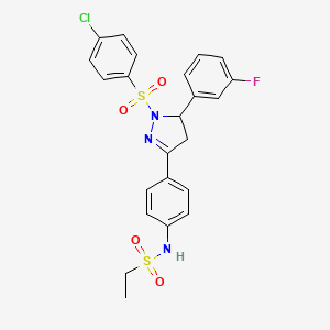 molecular formula C23H21ClFN3O4S2 B2970730 N-{4-[1-(4-chlorobenzenesulfonyl)-5-(3-fluorophenyl)-4,5-dihydro-1H-pyrazol-3-yl]phenyl}ethane-1-sulfonamide CAS No. 851781-74-3