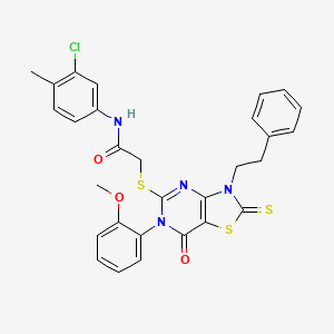 molecular formula C29H25ClN4O3S3 B2970933 N-(3-chloro-4-methylphenyl)-2-{[6-(2-methoxyphenyl)-7-oxo-3-(2-phenylethyl)-2-sulfanylidene-2H,3H,6H,7H-[1,3]thiazolo[4,5-d]pyrimidin-5-yl]sulfanyl}acetamide CAS No. 422306-77-2