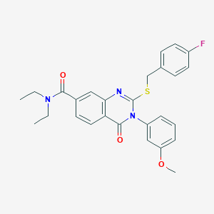 molecular formula C27H26FN3O3S B2971148 N,N-diethyl-2-((4-fluorobenzyl)thio)-3-(3-methoxyphenyl)-4-oxo-3,4-dihydroquinazoline-7-carboxamide CAS No. 1115526-12-9