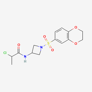 molecular formula C14H17ClN2O5S B2971503 2-Chloro-N-[1-(2,3-dihydro-1,4-benzodioxin-6-ylsulfonyl)azetidin-3-yl]propanamide CAS No. 2411266-08-3