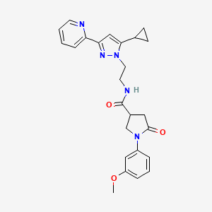 molecular formula C25H27N5O3 B2971509 N-(2-(5-cyclopropyl-3-(pyridin-2-yl)-1H-pyrazol-1-yl)ethyl)-1-(3-methoxyphenyl)-5-oxopyrrolidine-3-carboxamide CAS No. 1797085-03-0