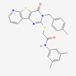 molecular formula C27H24N4O2S2 B2971543 N-(3,5-dimethylphenyl)-2-[[5-[(4-methylphenyl)methyl]-6-oxo-8-thia-3,5,10-triazatricyclo[7.4.0.02,7]trideca-1(9),2(7),3,10,12-pentaen-4-yl]sulfanyl]acetamide CAS No. 1223761-04-3