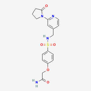 molecular formula C18H20N4O5S B2971571 2-(4-(N-((2-(2-oxopyrrolidin-1-yl)pyridin-4-yl)methyl)sulfamoyl)phenoxy)acetamide CAS No. 2034466-27-6