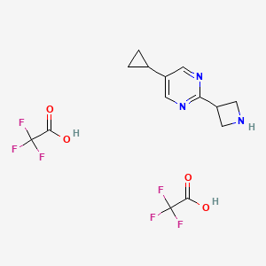molecular formula C14H15F6N3O4 B2971574 2-(Azetidin-3-yl)-5-cyclopropylpyrimidine, bis(trifluoroacetic acid) CAS No. 2060059-87-0