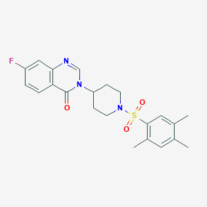 molecular formula C22H24FN3O3S B2971587 7-fluoro-3-(1-((2,4,5-trimethylphenyl)sulfonyl)piperidin-4-yl)quinazolin-4(3H)-one CAS No. 1251670-48-0