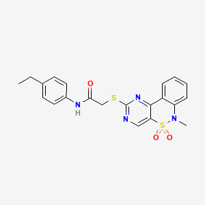 molecular formula C21H20N4O3S2 B2971638 N-(4-ethylphenyl)-2-((6-methyl-5,5-dioxido-6H-benzo[c]pyrimido[4,5-e][1,2]thiazin-2-yl)thio)acetamide CAS No. 895104-07-1