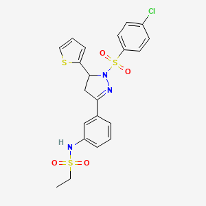molecular formula C21H20ClN3O4S3 B2971723 N-{3-[1-(4-chlorobenzenesulfonyl)-5-(thiophen-2-yl)-4,5-dihydro-1H-pyrazol-3-yl]phenyl}ethane-1-sulfonamide CAS No. 851783-15-8