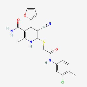 molecular formula C21H19ClN4O3S B2971831 6-((2-((3-Chloro-4-methylphenyl)amino)-2-oxoethyl)thio)-5-cyano-4-(furan-2-yl)-2-methyl-1,4-dihydropyridine-3-carboxamide CAS No. 369394-37-6