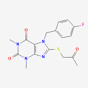 molecular formula C17H17FN4O3S B2971963 7-(4-fluorobenzyl)-1,3-dimethyl-8-((2-oxopropyl)thio)-1H-purine-2,6(3H,7H)-dione CAS No. 505081-08-3