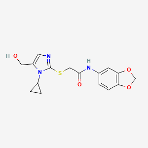 molecular formula C16H17N3O4S B2972200 N-(2H-1,3-benzodioxol-5-yl)-2-{[1-cyclopropyl-5-(hydroxymethyl)-1H-imidazol-2-yl]sulfanyl}acetamide CAS No. 921820-63-5