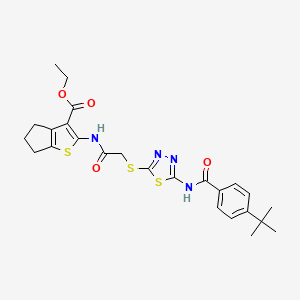 molecular formula C25H28N4O4S3 B2972223 ethyl 2-(2-((5-(4-(tert-butyl)benzamido)-1,3,4-thiadiazol-2-yl)thio)acetamido)-5,6-dihydro-4H-cyclopenta[b]thiophene-3-carboxylate CAS No. 477579-78-5