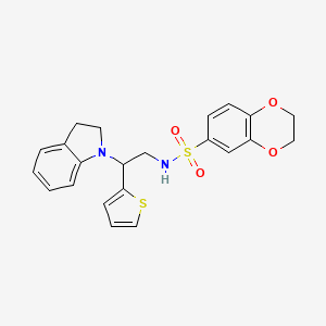molecular formula C22H22N2O4S2 B2972230 N-(2-(indolin-1-yl)-2-(thiophen-2-yl)ethyl)-2,3-dihydrobenzo[b][1,4]dioxine-6-sulfonamide CAS No. 898452-10-3
