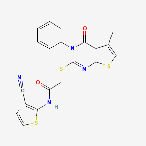 molecular formula C21H16N4O2S3 B2972235 N-(3-cyanothiophen-2-yl)-2-({5,6-dimethyl-4-oxo-3-phenyl-3H,4H-thieno[2,3-d]pyrimidin-2-yl}sulfanyl)acetamide CAS No. 670270-35-6