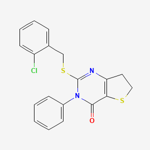 molecular formula C19H15ClN2OS2 B2972259 2-[(2-Chlorophenyl)methylsulfanyl]-3-phenyl-6,7-dihydrothieno[3,2-d]pyrimidin-4-one CAS No. 686771-14-2