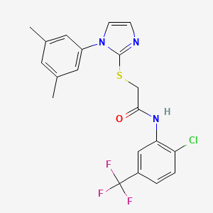 molecular formula C20H17ClF3N3OS B2972288 N-[2-chloro-5-(trifluoromethyl)phenyl]-2-{[1-(3,5-dimethylphenyl)-1H-imidazol-2-yl]sulfanyl}acetamide CAS No. 851131-84-5