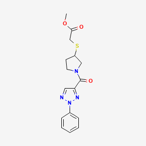 molecular formula C16H18N4O3S B2972289 methyl 2-((1-(2-phenyl-2H-1,2,3-triazole-4-carbonyl)pyrrolidin-3-yl)thio)acetate CAS No. 2034517-92-3