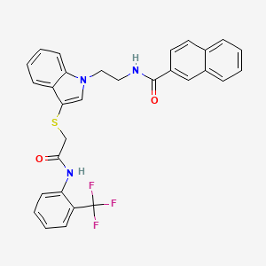 molecular formula C30H24F3N3O2S B2972295 N-(2-(3-((2-oxo-2-((2-(trifluoromethyl)phenyl)amino)ethyl)thio)-1H-indol-1-yl)ethyl)-2-naphthamide CAS No. 533865-49-5