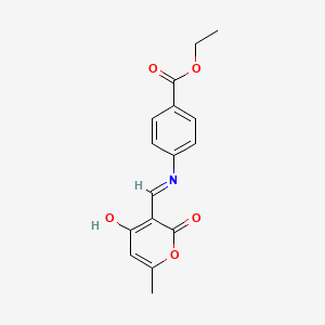molecular formula C16H15NO5 B2972320 ethyl 4-({[(3E)-6-methyl-2,4-dioxo-3,4-dihydro-2H-pyran-3-ylidene]methyl}amino)benzoate CAS No. 263255-70-5