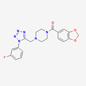 molecular formula C20H19FN6O3 B2972335 benzo[d][1,3]dioxol-5-yl(4-((1-(3-fluorophenyl)-1H-tetrazol-5-yl)methyl)piperazin-1-yl)methanone CAS No. 1021254-12-5
