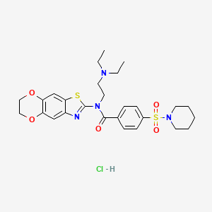 molecular formula C27H35ClN4O5S2 B2972371 N-[2-(diethylamino)ethyl]-N-(6,7-dihydro-[1,4]dioxino[2,3-f][1,3]benzothiazol-2-yl)-4-piperidin-1-ylsulfonylbenzamide;hydrochloride CAS No. 1321835-69-1